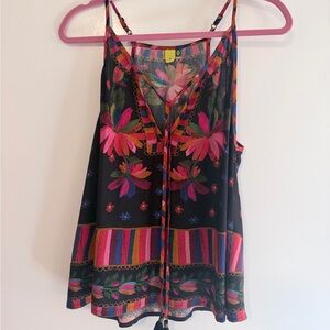 Farm Rio Brazil Tie-Front Tank Top - Black with Pink Floral